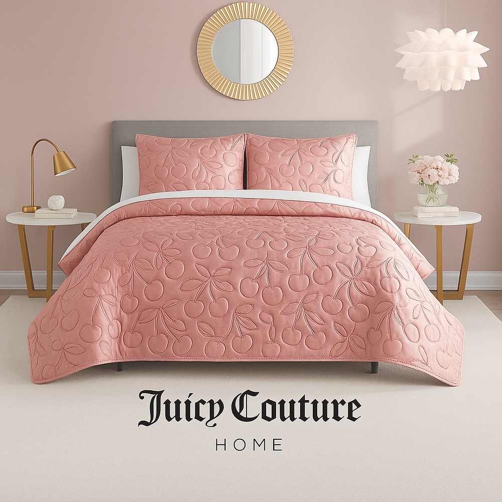 Juicy Couture Luxurious Satin Cherry Print King Size 3 Piece Quilt & Sham Set - Picture 1 of 10